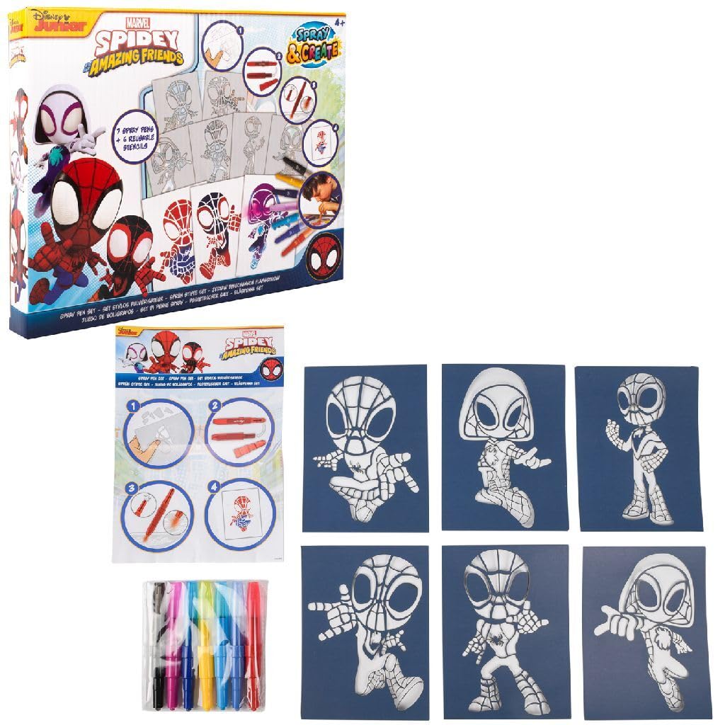 Marvel Spidey Spray Pen Set | Airbrush Pustestifte, 7 Stifte, 6 Schablonen