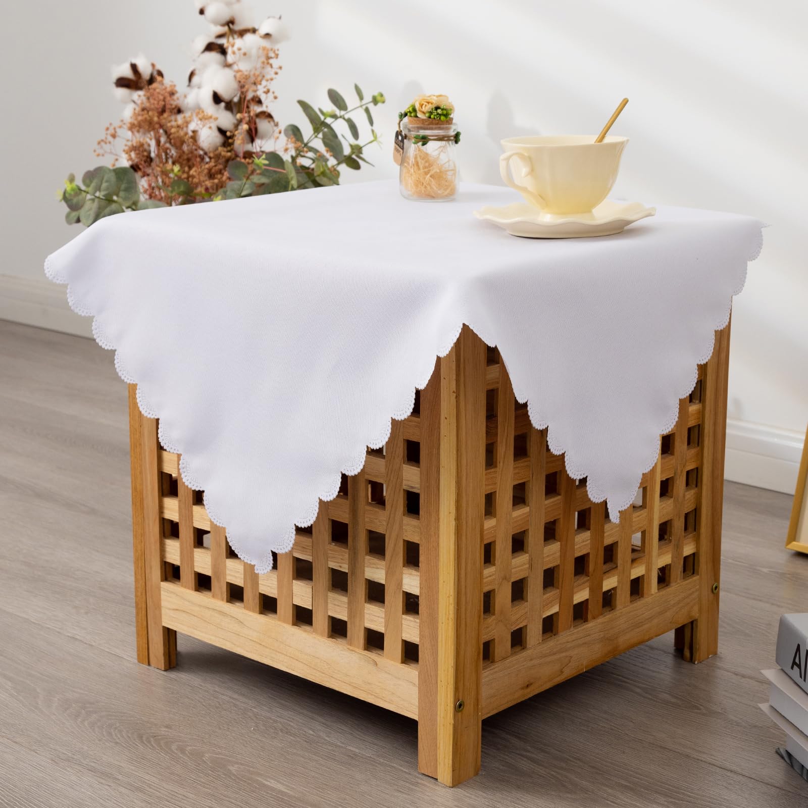 Photo 1 of YZKITM Small Square White Tablecloth 24 x 24 Inch Polyester Fabric Washable Table Cover Decorative Wrinkle Resistant Solid Color Table Cloth for Nightstand Party Wedding Camping