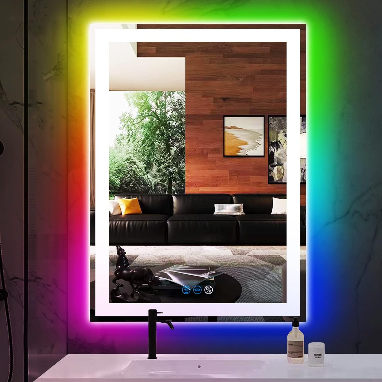 THEKLA 20 x 30 Inch Square Bathroom Vanity Mirror with Front Lights 3 Color + Rainbow Color Changing Light RGB Backlit Lighted Mirror for Bathroom Wall 30" Colorful Smart Light up LED Mirror Bathroom 30 X 20 Inch