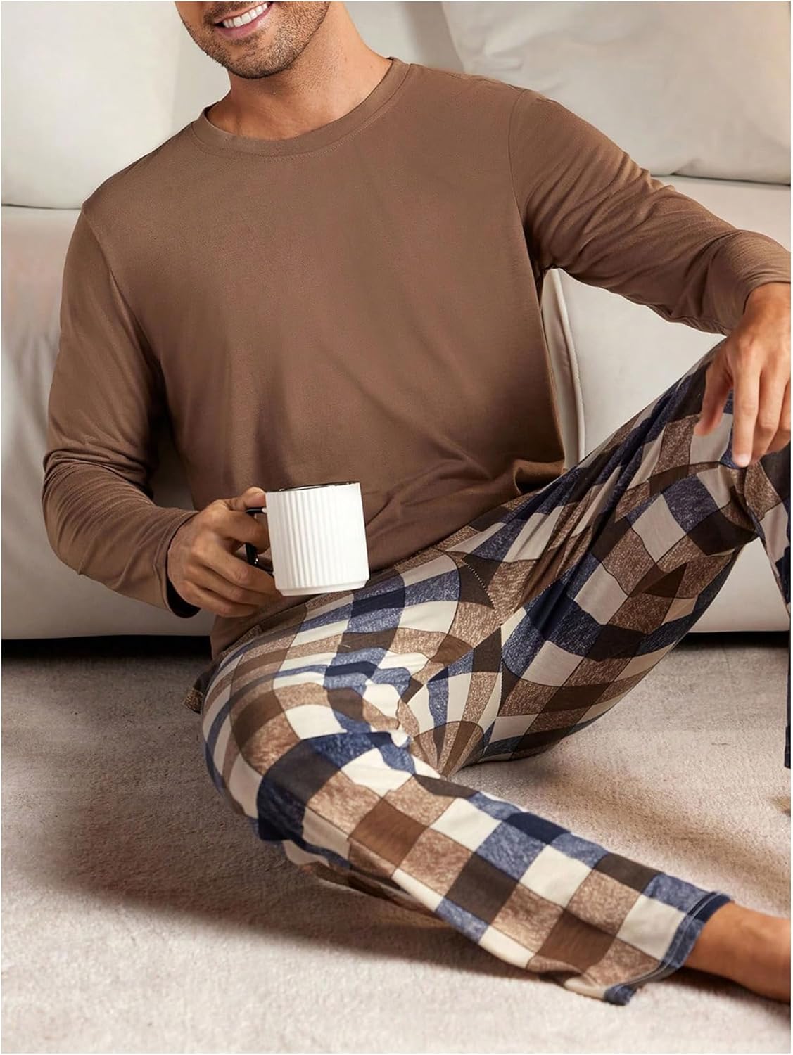 WDIRARA Men's 2 Piece Pajama Sets Long Sleeve Sleepwear Plaid Pants Pjs Set - Image 6