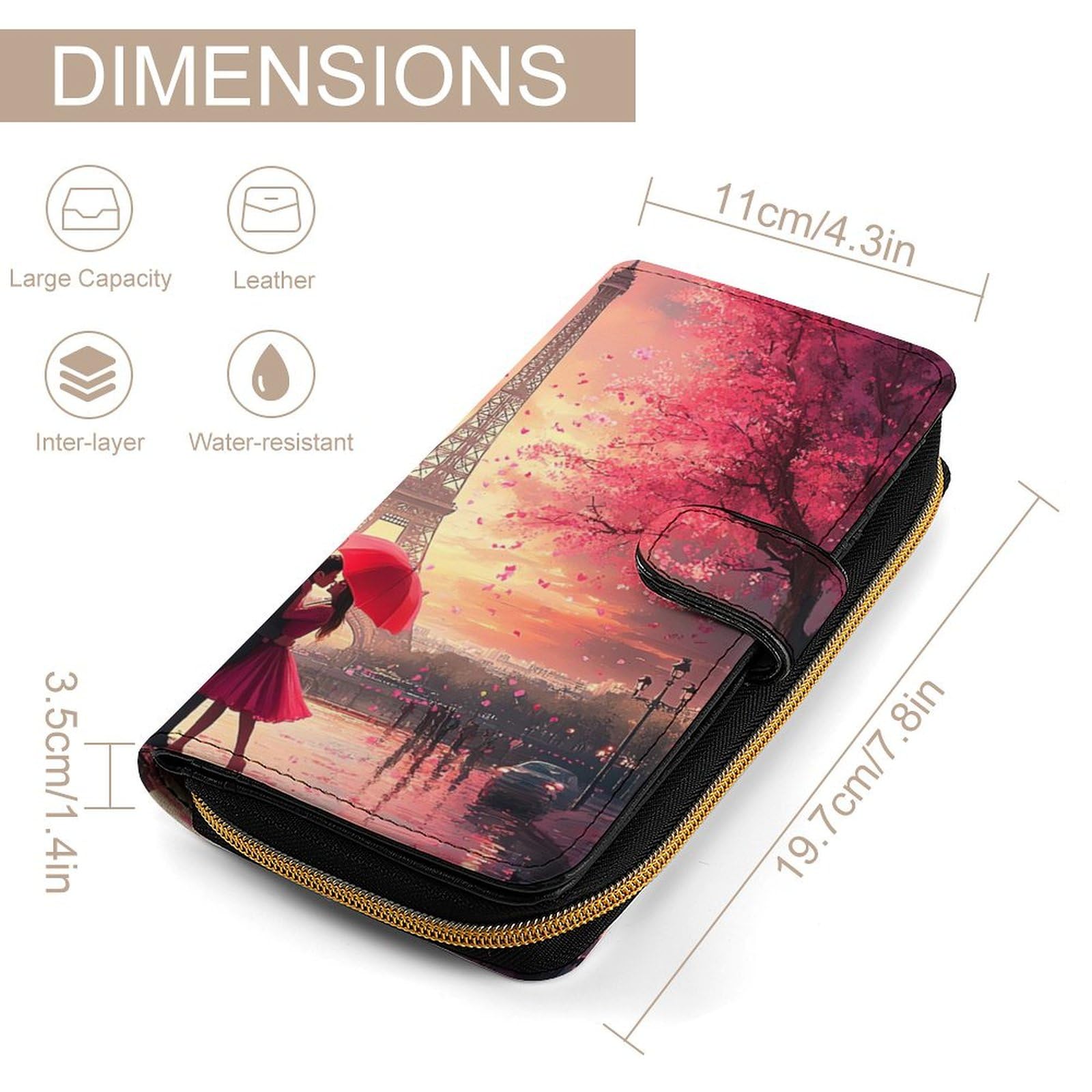Couples Kiss in Paris Eiffel Tower Long Wallet PU Leather Credit Card Holder Durable Zippered Purse Clutch Wallet