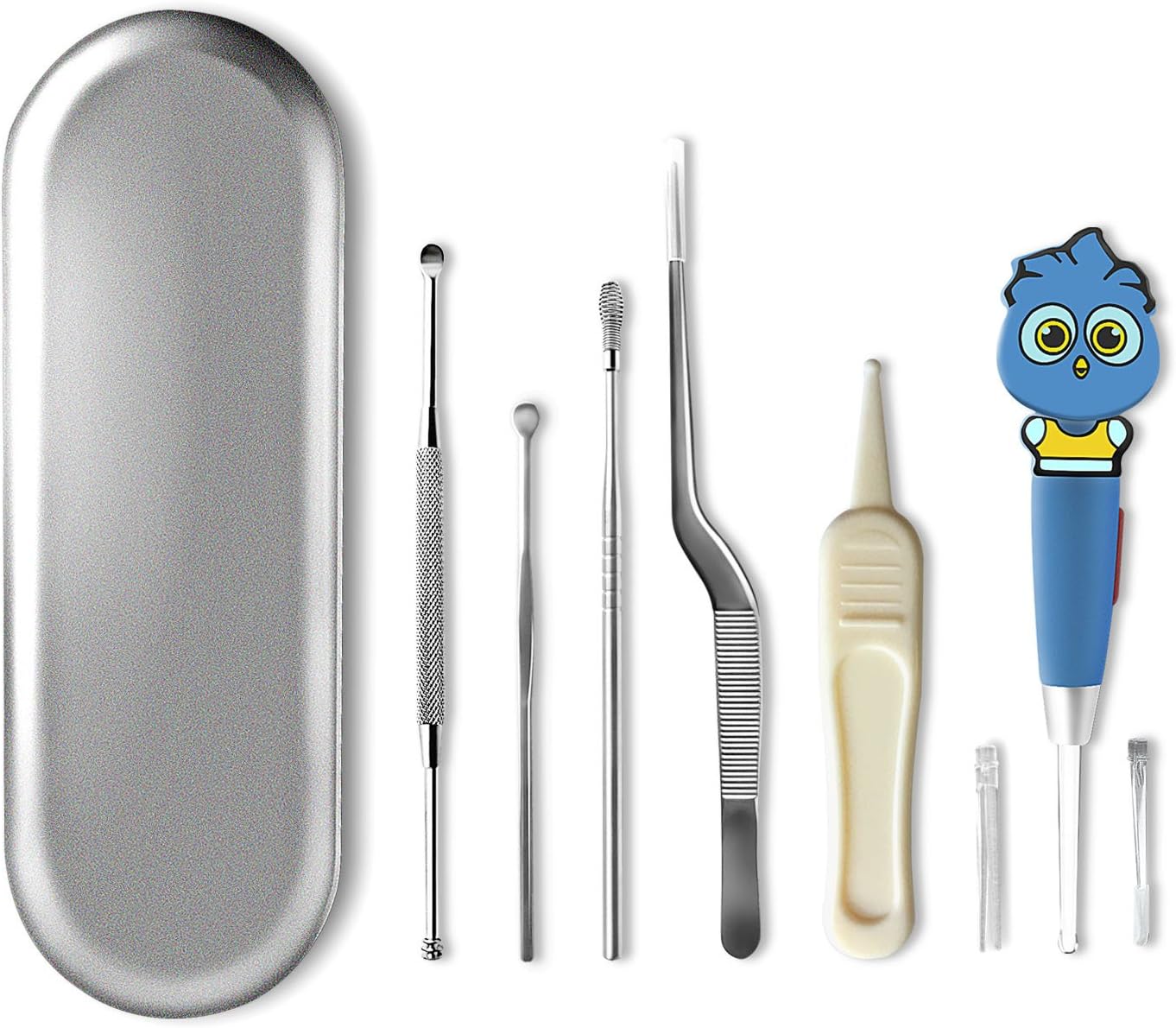 6 Pcs Ear Pick Ear Curette LED Light Earwax Removal Cleaner with Stainless Steel Storage Box