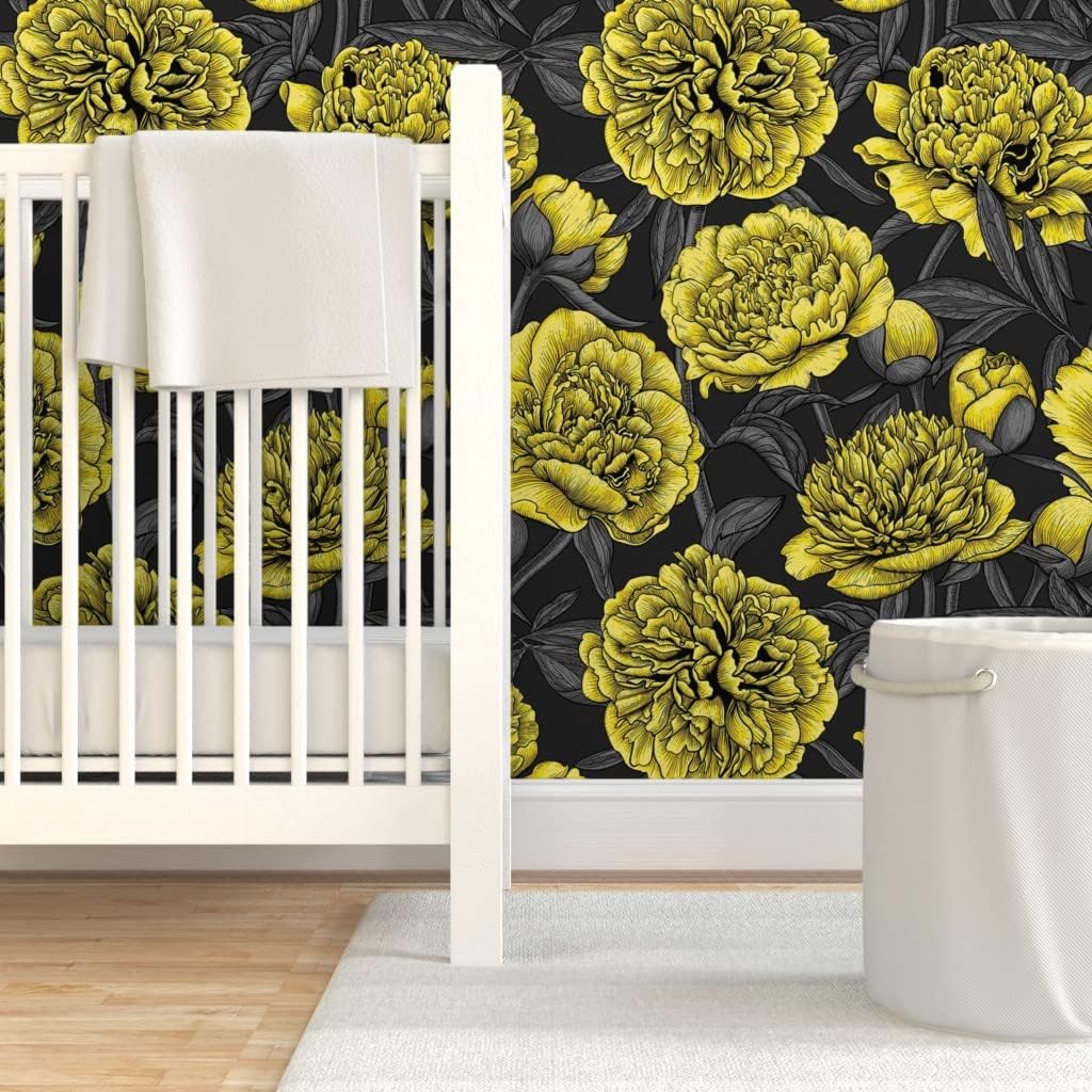 Peel & Stick Wallpaper 3ft x 2ft - Night Peony Yellow Gray Flower Leaves Floral Nature Plant Ink Custom Removable Wallpaper by Spoonflower