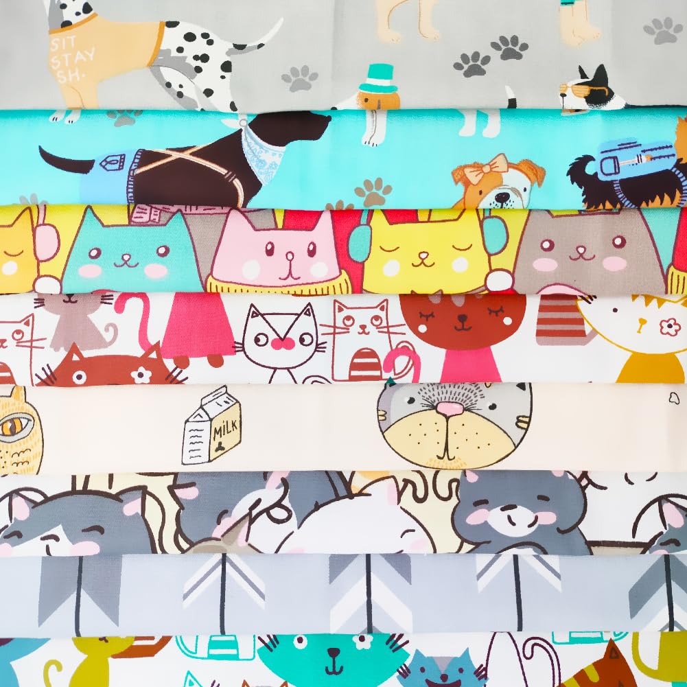 Tela de 8 piezas por lote de tela de retales 100% algodón, 50 cm x 50 cm, tela de algodón precortada para patchwork, costura acolchada, diseño de perro gato