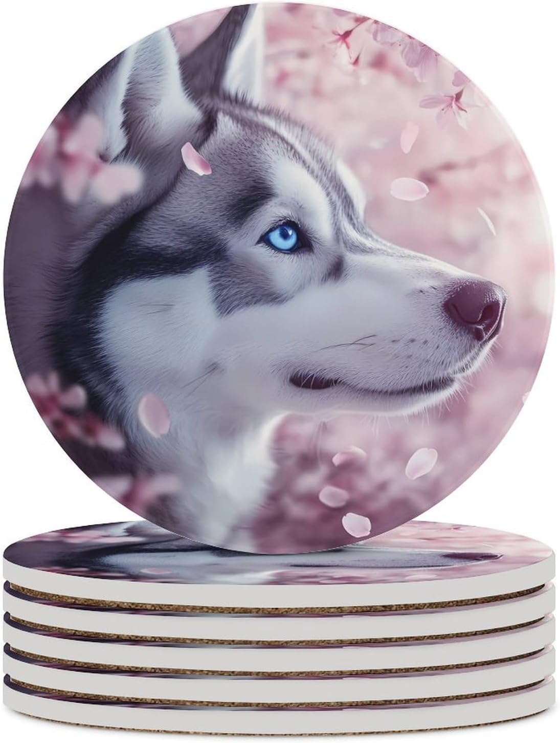 Cute Dog Husky Coasters for Drink Round Ceramic Coaster with Cork Base Home Decorative 6PCS