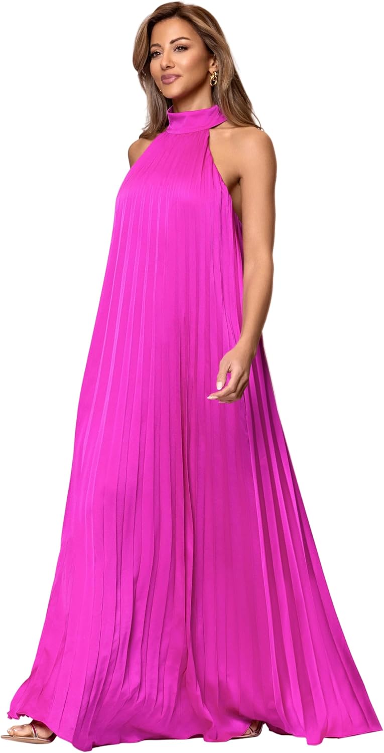 Xscape Women's Floor Length Pleated Satin Gown, Mock Neck Halter Dress with Tie Back Detail and Flowy Silhouette