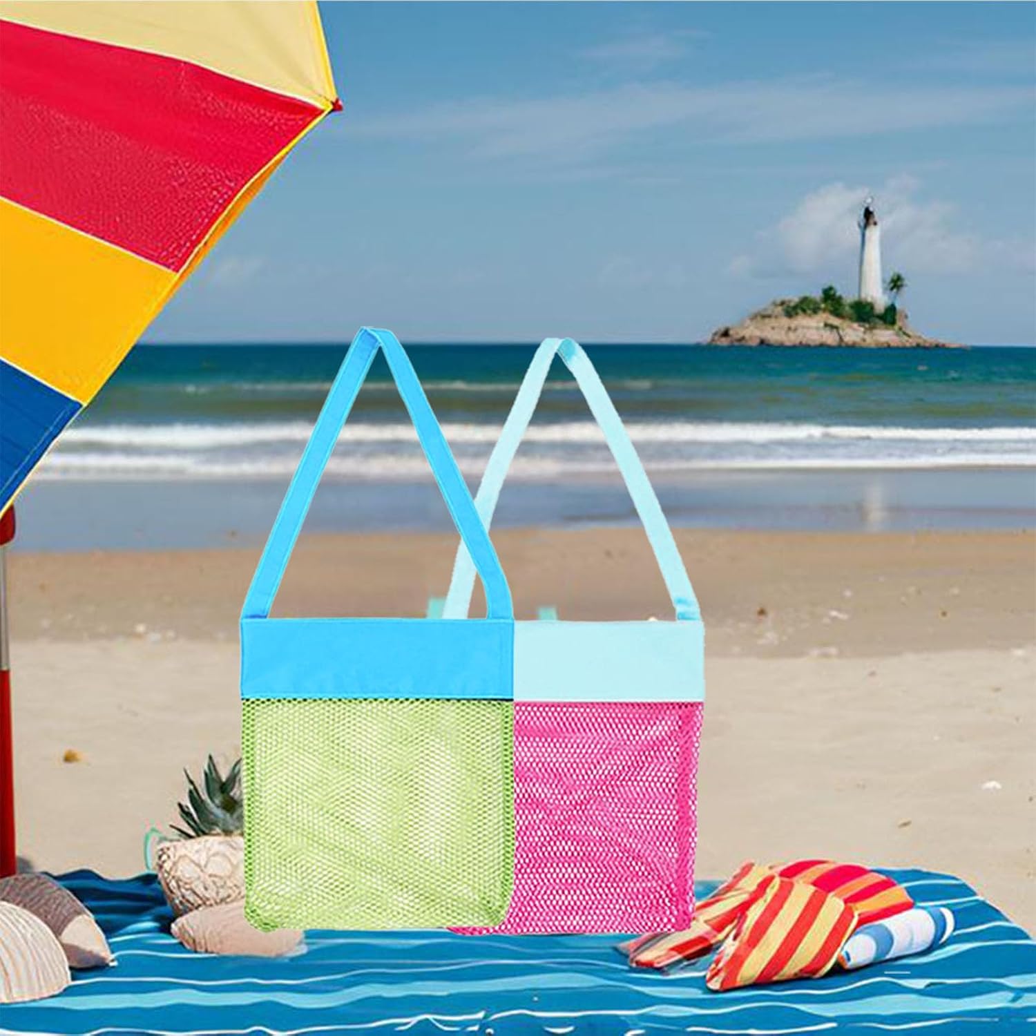 AUONY Beach Mesh Bags, Sand Away Seashell Tote Bags with Adjustable Carrying Straps for Kid's Shell Collection