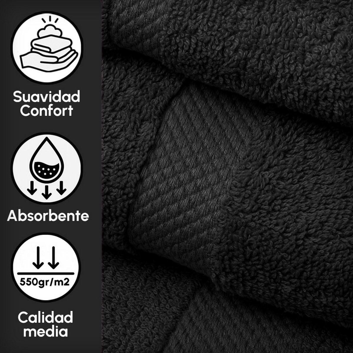 Juego de 6 Toallas de Ducha Grandes Negro 100% algodón Rizo 150x100 cm | Tejido suave de gran gramaje con alta absorción. Aptas para lavadora, de uso diario.