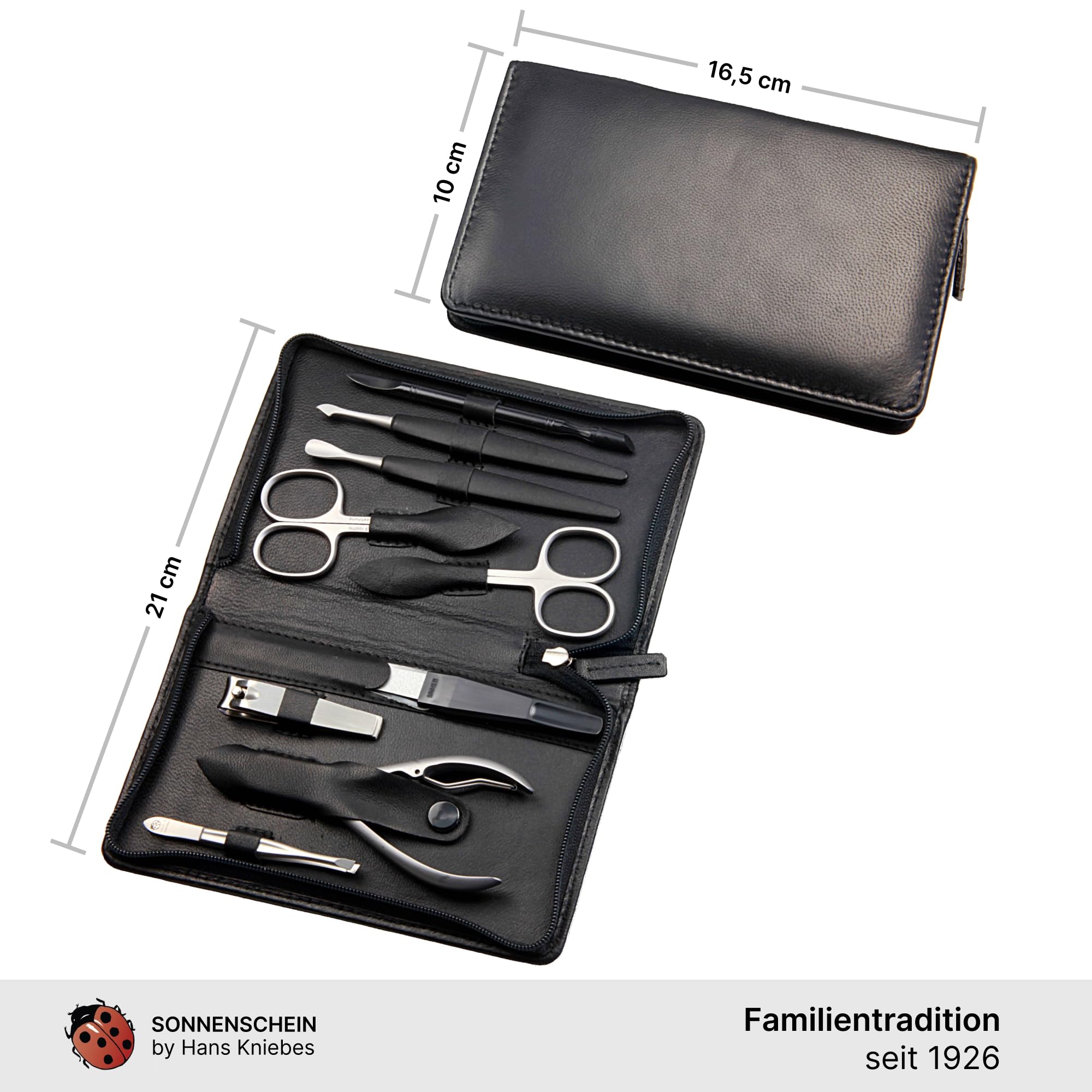 Hans Kniebes Maniküre Set 9-teilig Schwarz – Profi Nagelpflege & Pediküre Set aus Edelstahl – Nappa Leder Etui mit Reißverschluss – Nagelschere, Zangen & Knipser – Premium Manikürbesteck