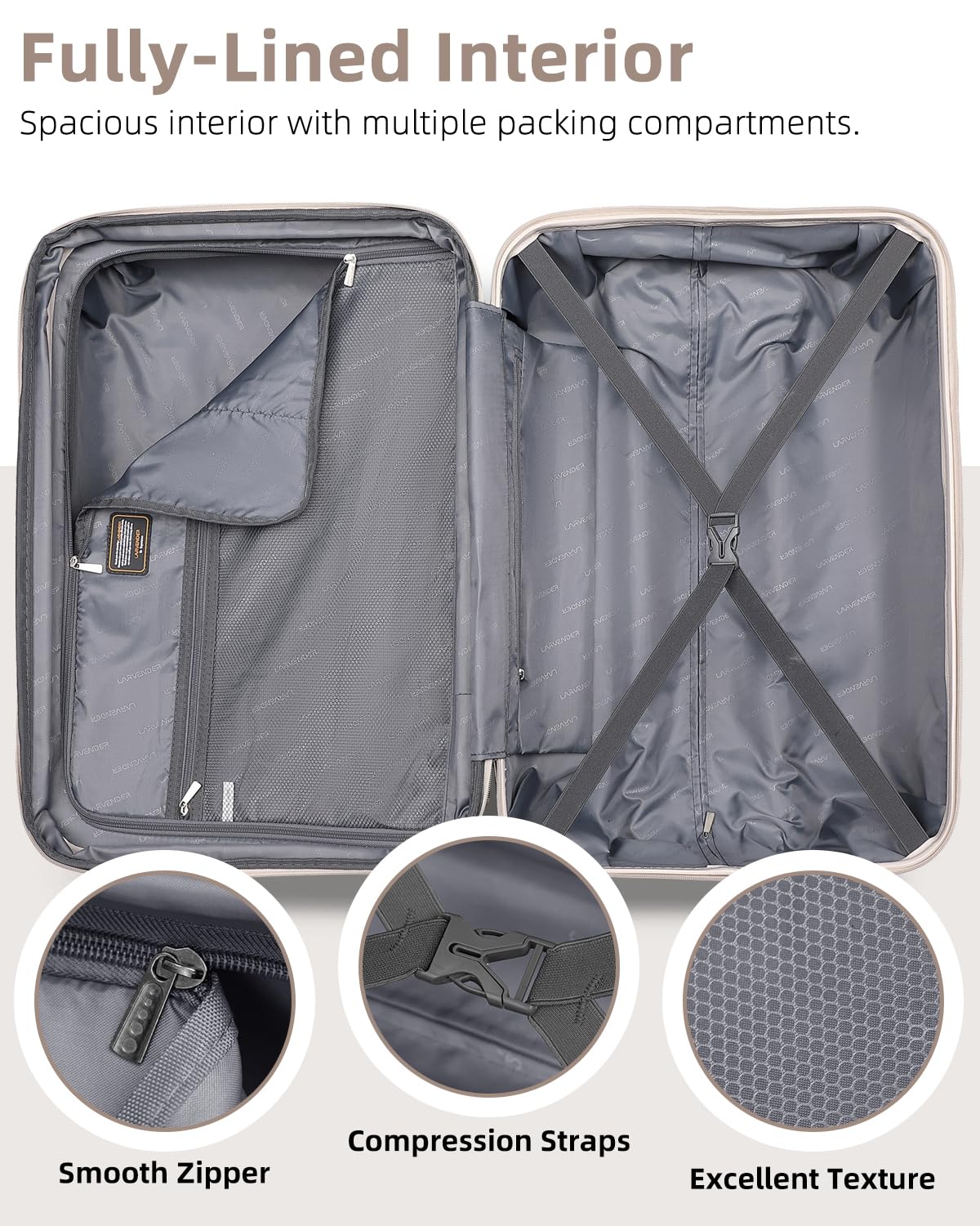 LARVENDER Carry on Luggage 22x14x9 Airline Approved, 20 Inch Hardside Suitcase with Wheels TSA Lock, PC+ABS Lightweight Travel Luggage Sets for Women, Glossy Champagne, 3 Piece Set