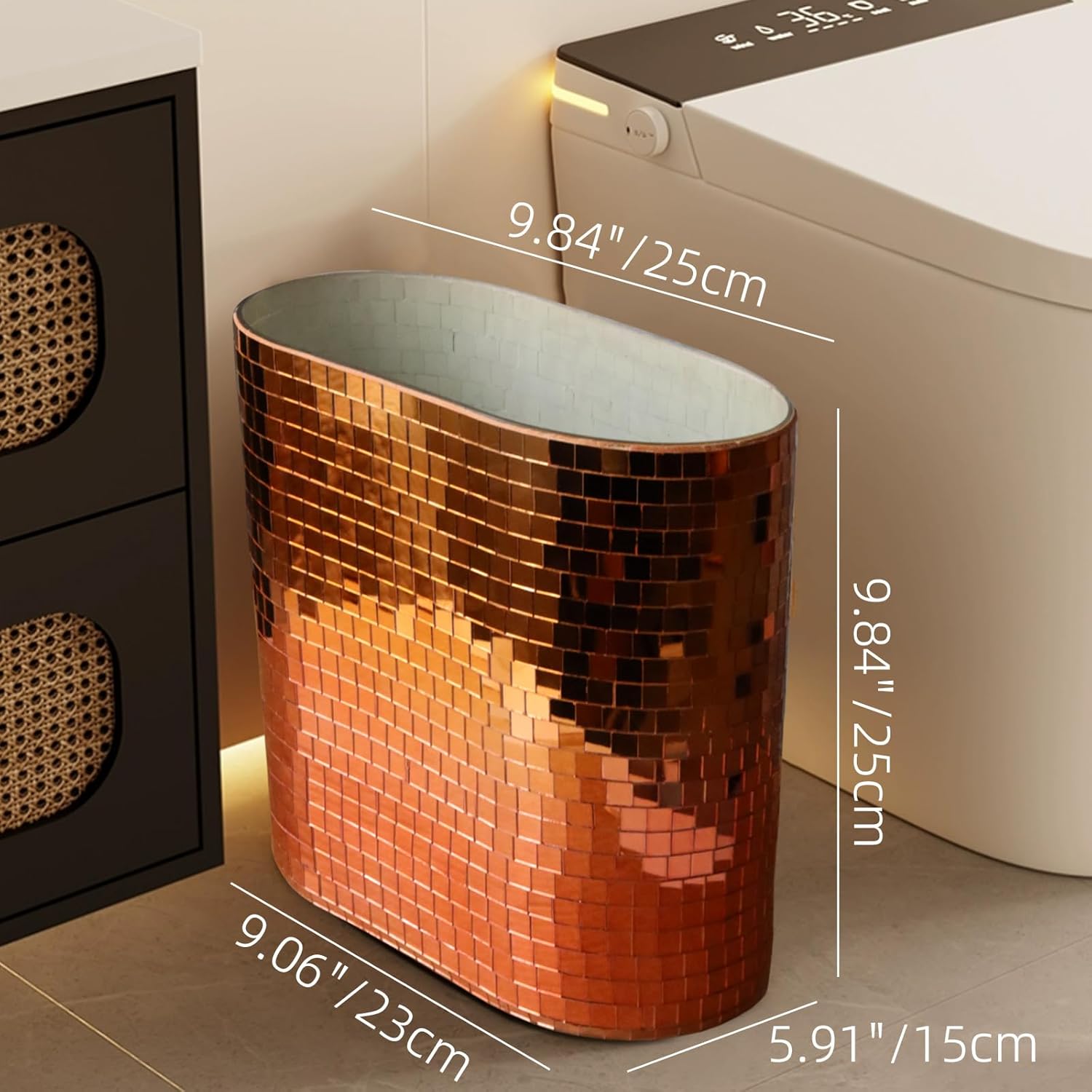 WDHODEC Rose Gold Mosaic Waste Basket (9.8" Tall) | Narrow Oval Decorative Trash Can for Bathroom Vanity & Toilet Side | Luxury Handcrafted Mirror Accent Dual-Use Flower Vase