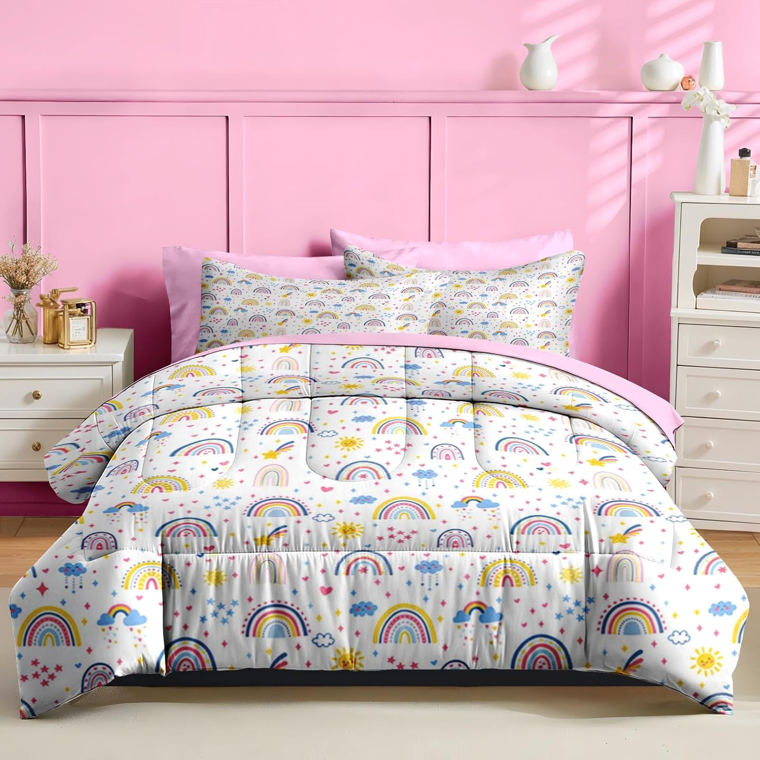 Nesker 7 Pcs Comforter Set Queen Size, Colorful Cartoon Bedding for Kids Teen, Cute Boho Rainbow with Fitted Sheet 2 Pillowcases & 2 Shams for Bedroom Bed Decor - Image 2