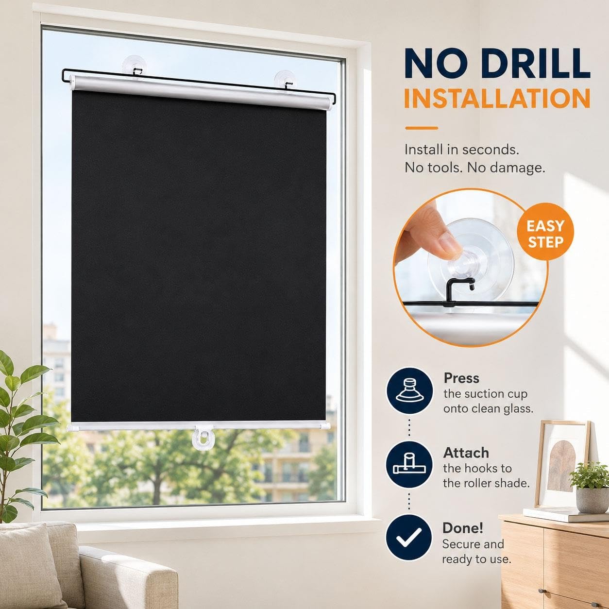 Tende a Rullo Retrattili per Finestre, Oscuranti in PVC con Ventose, Parasole Interno per Privacy, Camera da Letto, Cucina, Ufficio, Appartamento, Nero, Montaggio Rapido(W 75 x 60 cm)