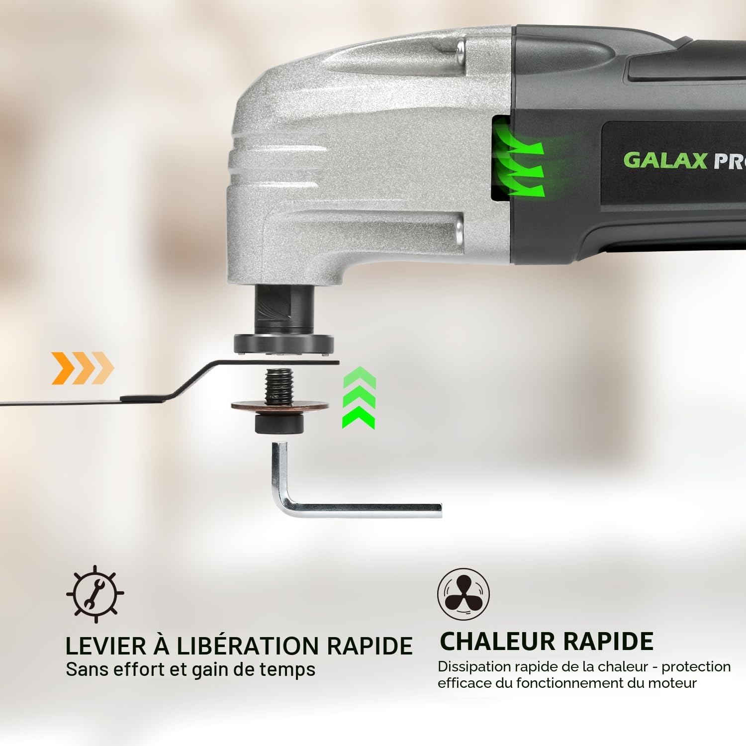 Outil oscillant GALAX PRO 180W, 22000 OPM, angle d'oscillation de 3 degrés, 3 lames de scie, 1 plateau de ponçage semi-circulaire, 6 feuilles de papier abrasif pour le ponçage et le meulage