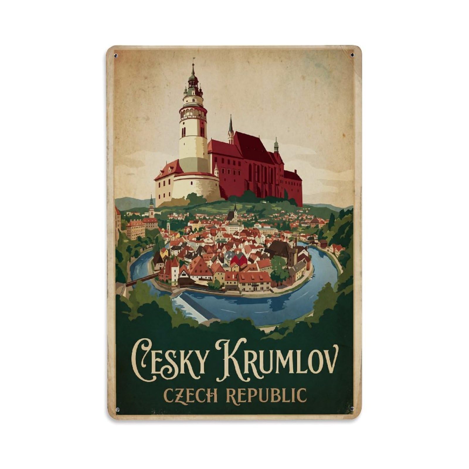 Travel Retro Czech Cesky Krumlov Metal Tin Sign Plaque Wall Decor for Cafe, Club Bar, Office, Garden Metal Poster 8x12Inch