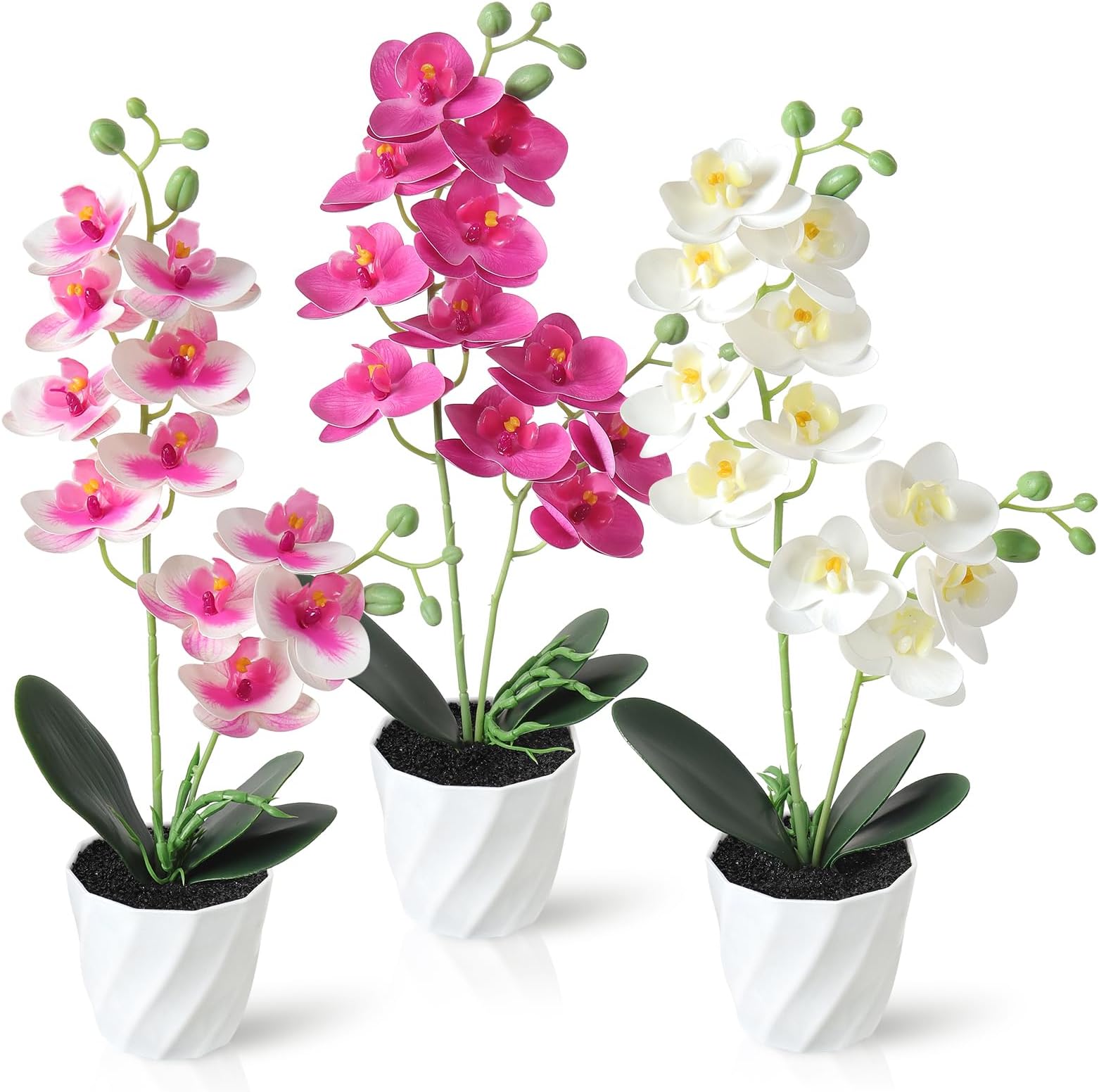 3PCS Artificial Orchid Flower Bonsai 38cm Faux Potted Butterfly Orchid | Dremisland Phalaenopsis in White Pots Fake Silk Flower Plants Foliage Indoor Decor for Home Table Centrepiece Living Room