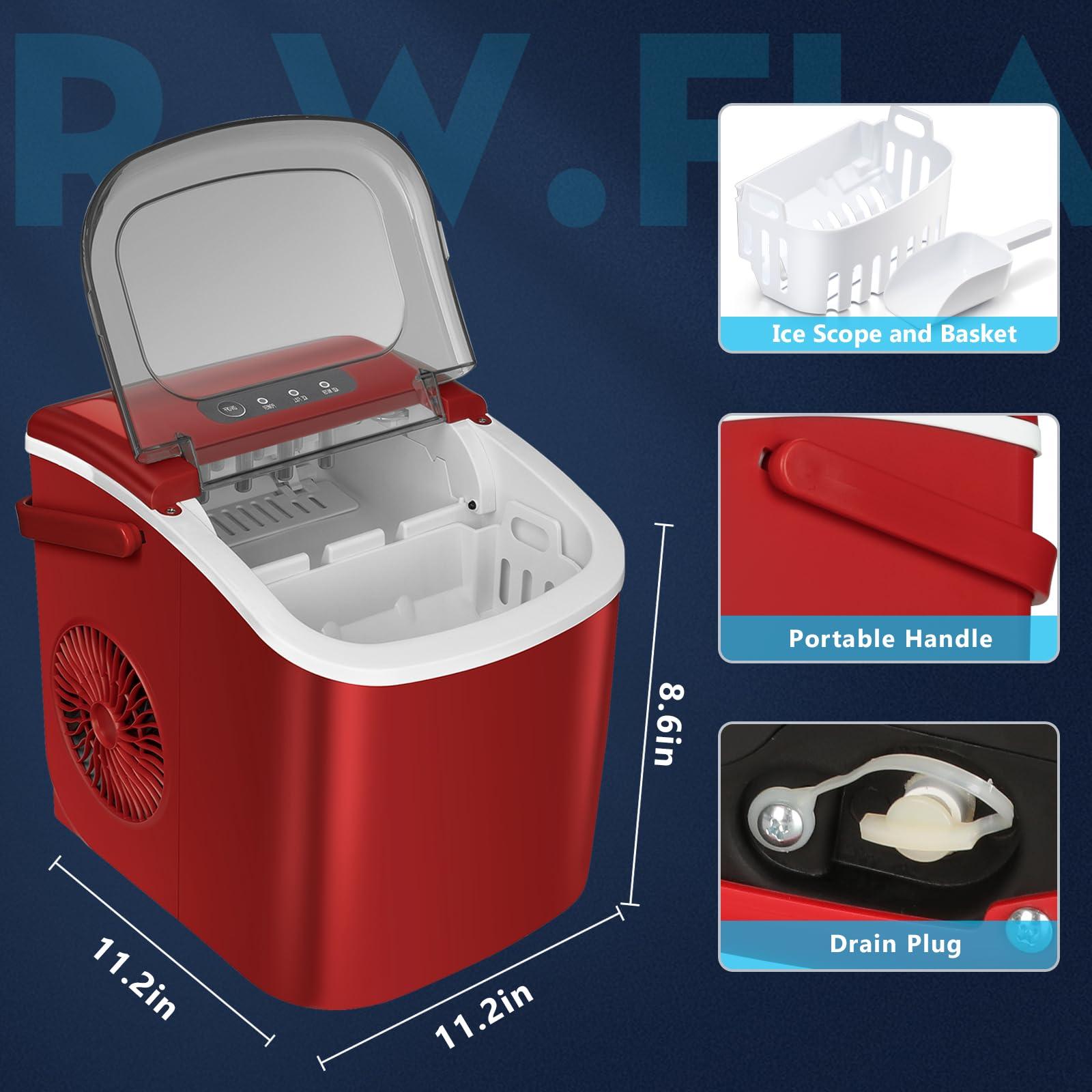 R.W.Flame Ice Makers Countertop, Portable Ice Maker Machine With Self-Cleaning, 26.5lbs/24hrs, 6 Mins/9 Pcs Bullet Ice, Ice Scoop And Basket, Handheld Ice Maker For Kitchen/Home/Office/Party,Red on Fridge.com - View 5