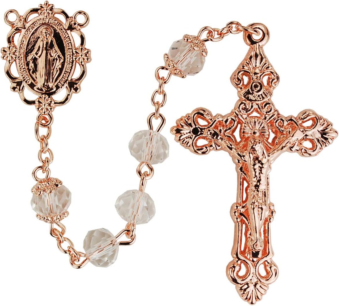 Hail Mary Gifts 8MM Real Crystal Beads Rosary with IMMITATION Rose Gold Plated Crucifix and Center