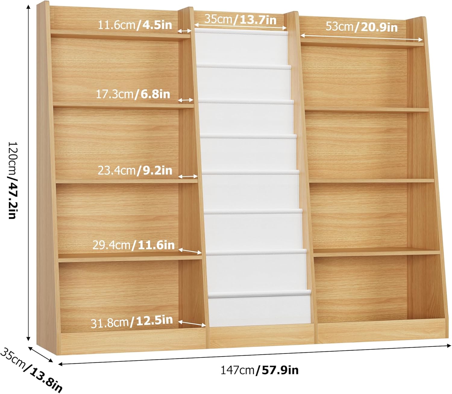 FOTOSOK 57.9" Kids Bookshelf and Toy Storage Organizer with 7 Sling Pockets, 5-Tier Book Shelf for Kids Rooms, Montessori Bookshelf for Playroom, Classroom, Natural