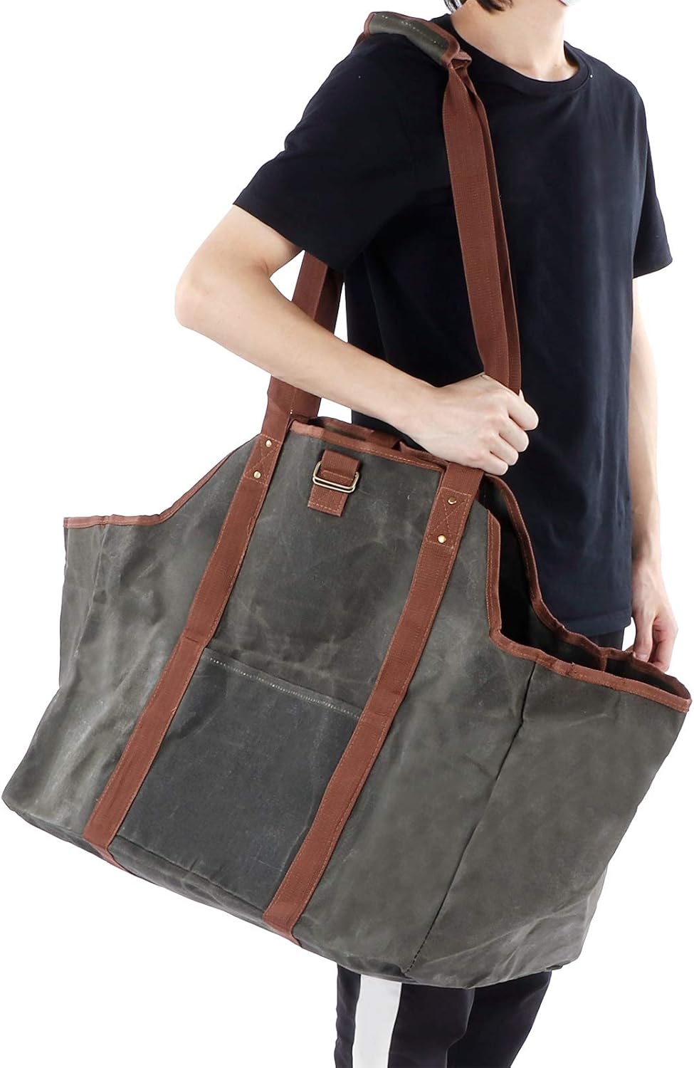 Waxed Canvas Log Carrier Tote Bag, Firewood Holder with Padded Handles and Shoulder Strap, Large Wood Carrying Bag for Fireplace, BBQ and Outdoor Camping, Durable Firewo