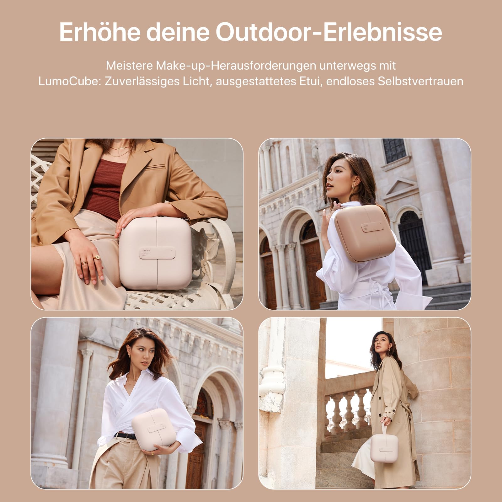 AMIRO M2 LumoCube Make-up-Spiegel mit Tasche, tragbarer LED-Make-up-Spiegel mit Lichtern, 5-stufige Helligkeit, 3-farbige Lichter, Reise-Make-up-Organizer, Rosa