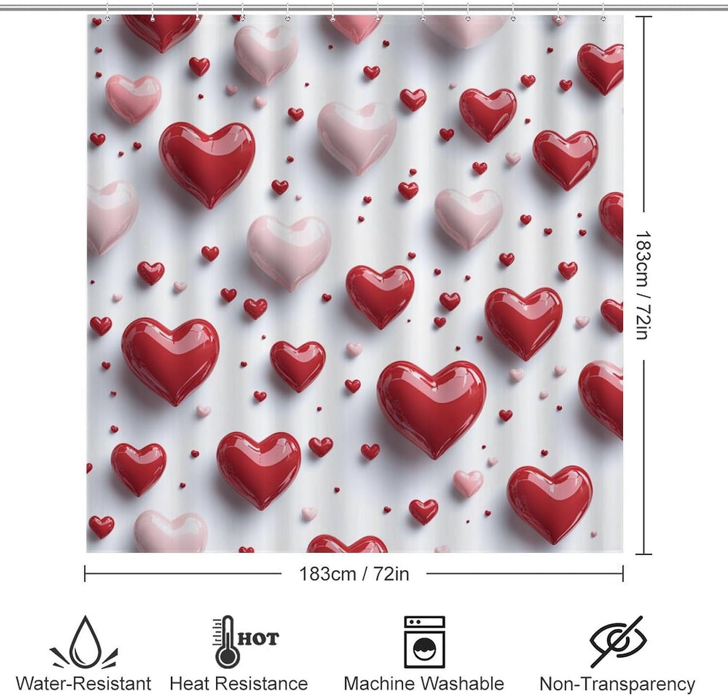 Bathroom Mat Set, Watercolor Hearts Pattern Printed on Bathroom Accessories Sets Complete, Designed for Farmhouse Boho Contemporary Bathrooms, 72 x 72 inches