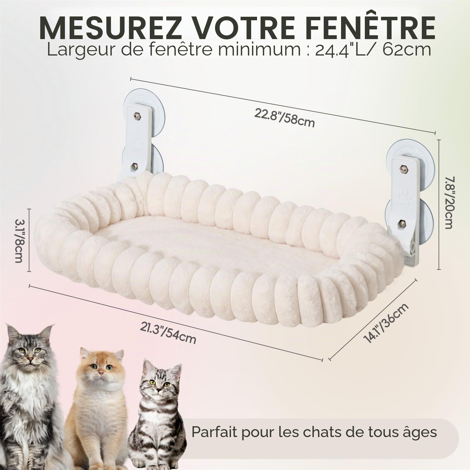 MEWOOFUN Hamac pour Chat Peluche Pliable avec Amovible et réversible avec - Doux lit fenetre Chat Cadre en Acier épais Peut Supporter jusqu'à 18 kg, Blanc M
