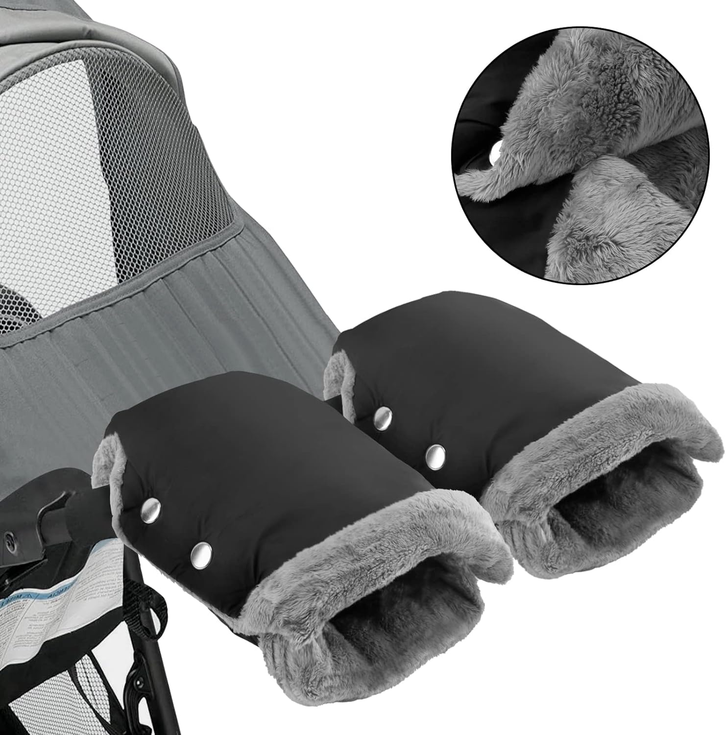 Moufles de Poussette - Fixation par Boutons-Pression - Lavable en Machine - Imperméable et Coupe-Vent - Doublure Polaire Ultra-Chaude