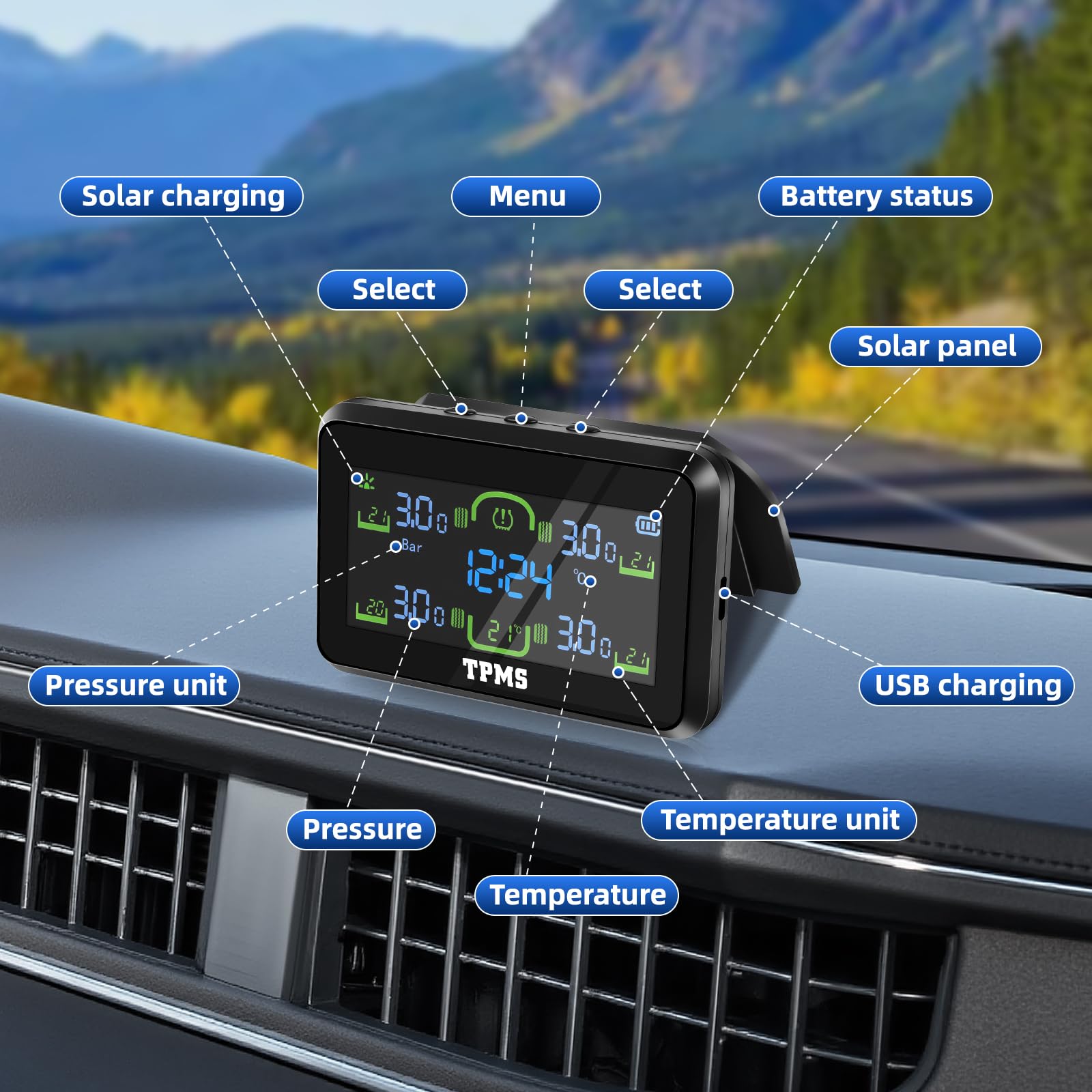 TPMS di Monitoraggio della Pressione dei Pneumatici Staccabile Ricarica Solare Wireless Sistema di Monitoraggio con Allarme, 4 Sensori, 22-87Psi Display Dell'ora per Camper Van Auto | 4 sensori di pressione degli pneumatici impermeabili, 5 allarmi,Autovet