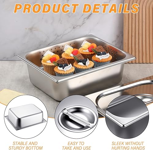 Miniatura 4 de Ferraycle Paquete de 3 bandejas de hotel de tamaño medio de 2.6 pulgadas, 4 pulgadas con tapa, bandeja de mesa de vapor perforada, suministros