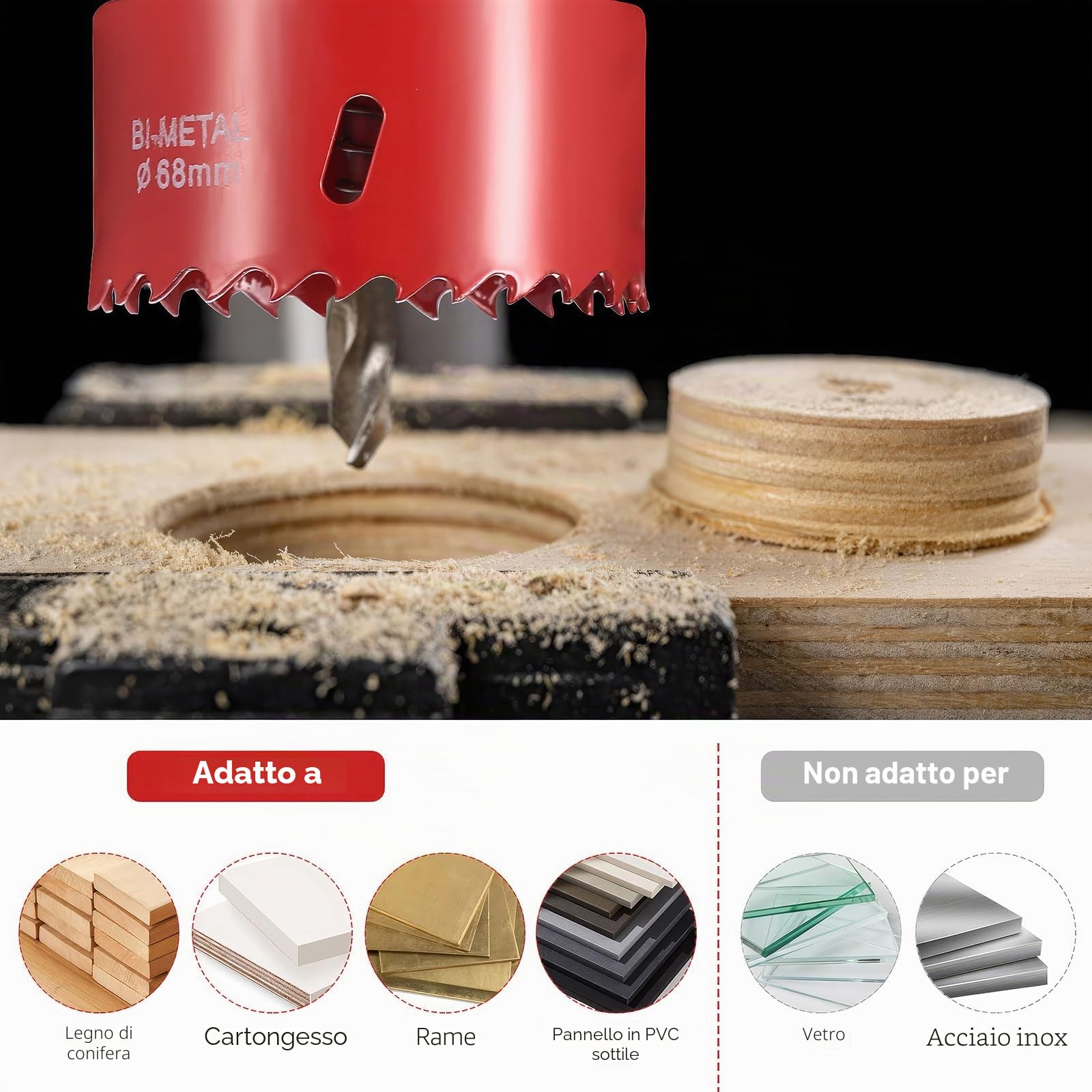 Sega a tazza da 68 mm, 2 seghe a tazza bimetalliche HSS M42, per legno, universale, sega circolare a tazza, punta da 68 mm, fresa a tazza per legno, cartongesso, plastica