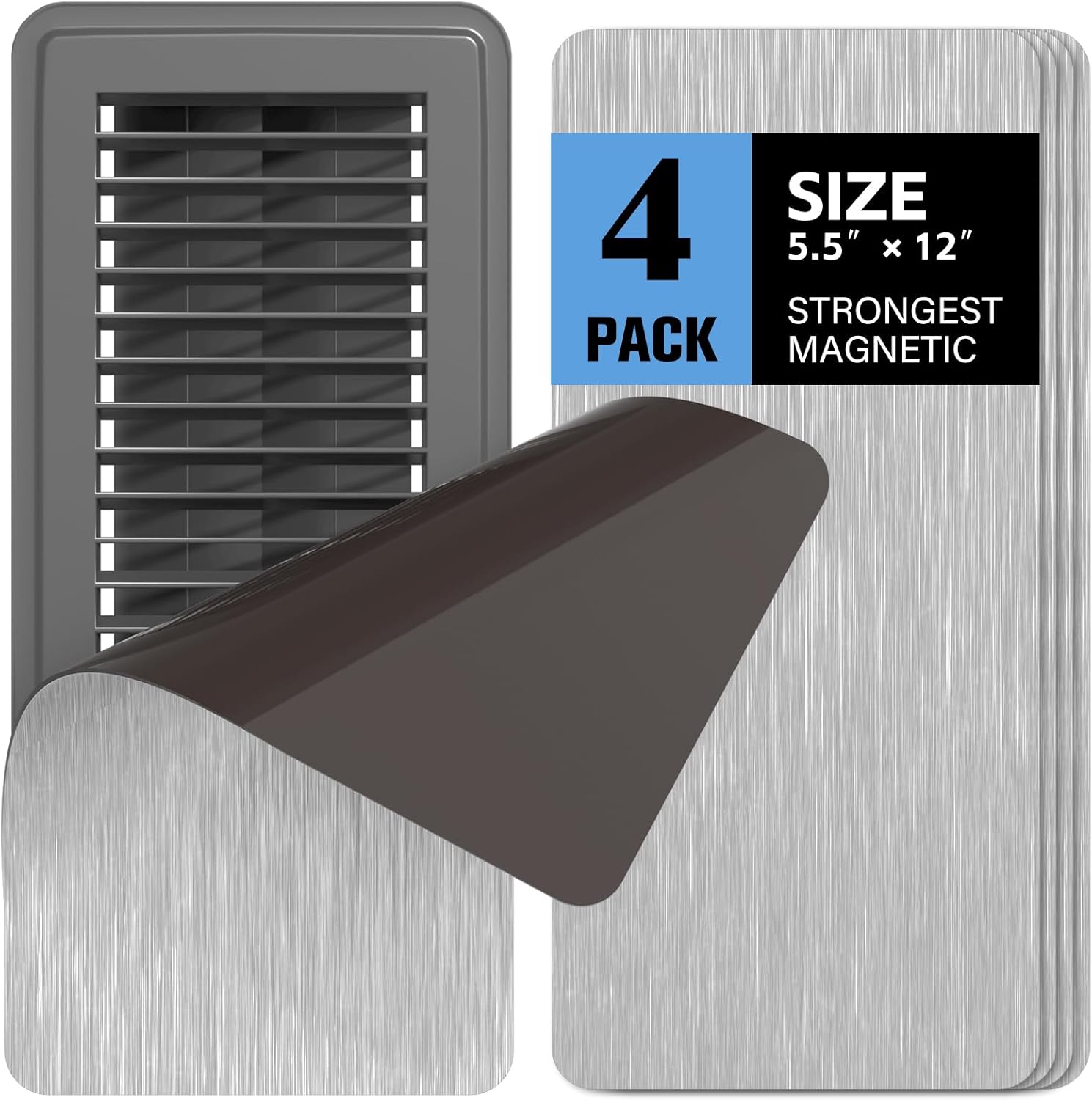 Magnetic Vent Cover for Ceiling, 5.5"x12" Metallic Strong Magnet Cover 4Pcs | Grey Register Vent Cover, Stick Well to Register Easily, Durable Rubber Magnet, Air Vent Covers for Home Floor, HVAC, AC, RV