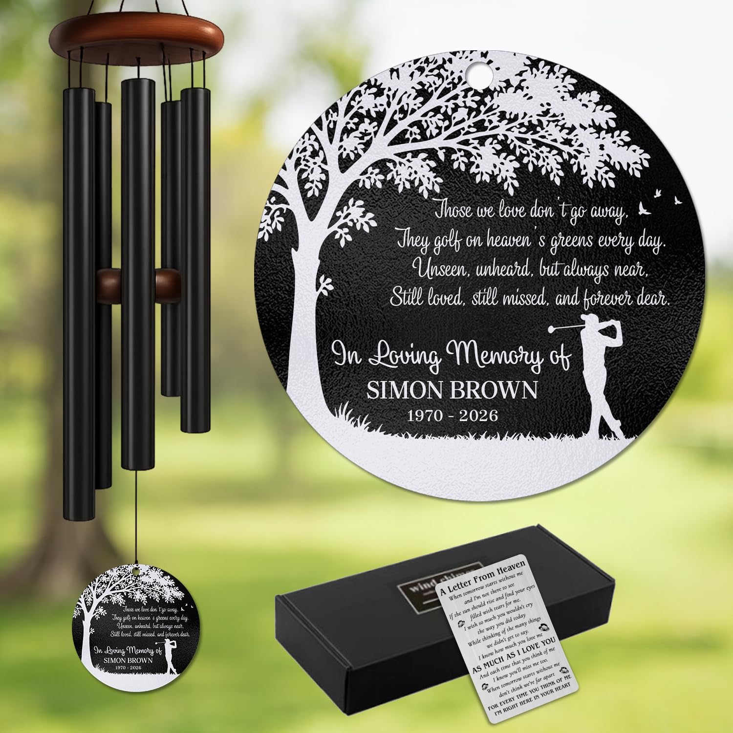 Personalized Memorial Wind Chimes for Outdoors with Golf Tribute “Heaven’s Greens” – Custom Name and Memorial Years – Meaningful Sympathy Remembrance Gift for Loss of Loved One Garden Porch or Home