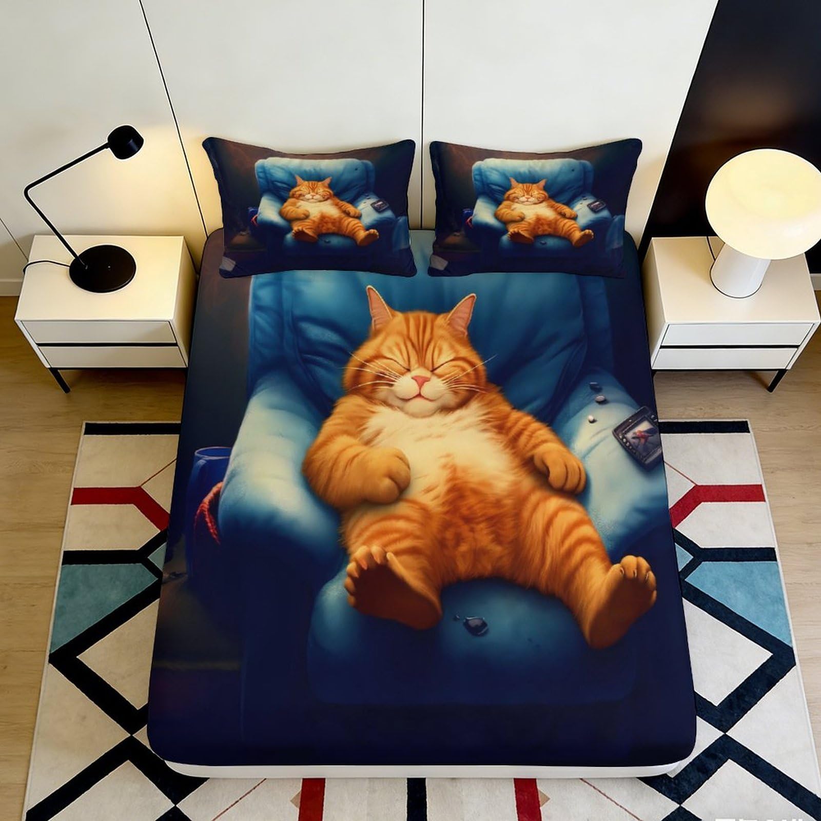 3D Printed Lazy Cat Armchair Fitted Sheet Microfiber Anti-Slip Bed Cover for Bedroom Dorm Mattress Decor 115 140x200x25cm