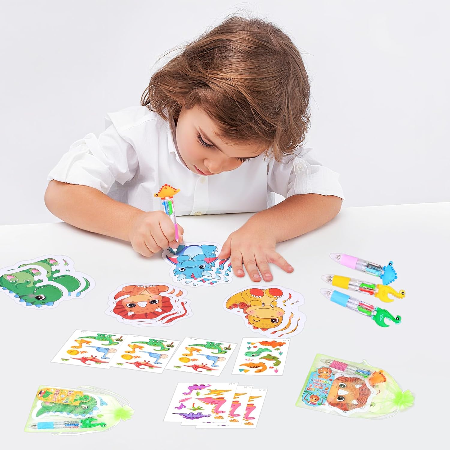 120Pcs Dinosaur Stationery Party Gift Back to School Supplies Prizes Dino 4-in-1 Ballpoint Pens Sticky Notes Stickers and Organza Animal Party Favors Goodie Bag Fillers for School Rewards