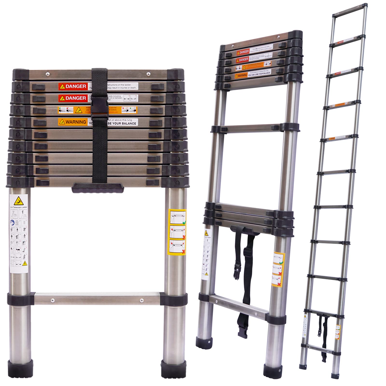 3.2m 10.5FT Multi-Purpose Stainless Steel Telescopic Loft Ladder Extension Extendable Step Folding Attic Ladder for Multipurpose, Heavy Duty Collapsible Ladder 330 pound/150 kg Capacity 11 Steps