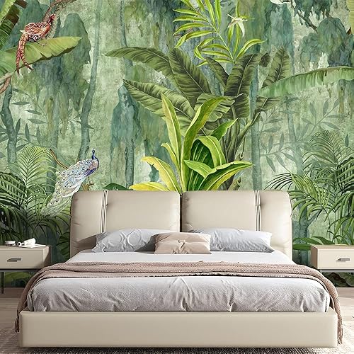 Miniatura 5 de Papel tapiz de bosque tropical de selva tropical de 151 x 105 pulgadas, papel tapiz 3D de hoja de plátano botánico, autoadhesivo, pavo real, pájaro,