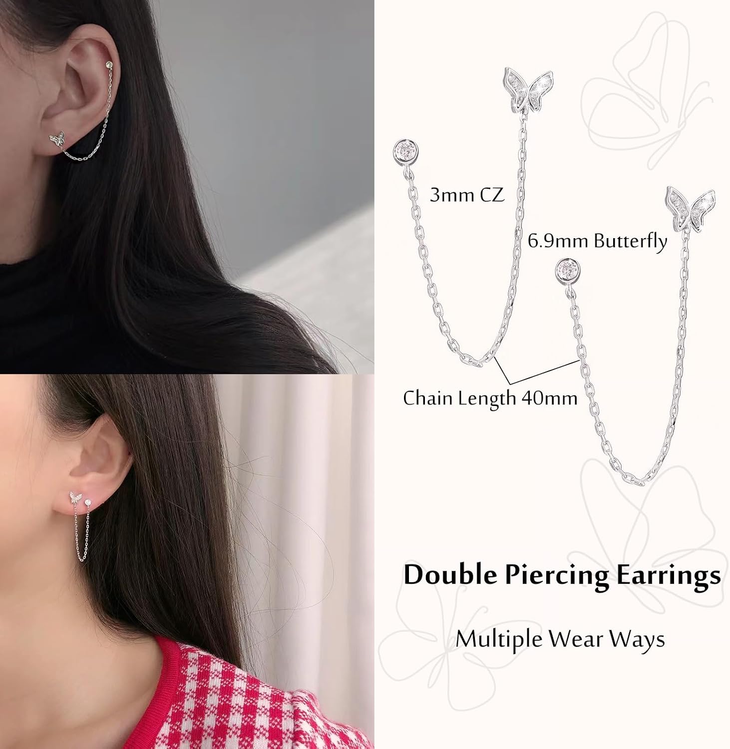 Double Piercing Earrings Silver Gold Cz Cubic Zirconia Stone Chain Link Dangle Stud Earrings