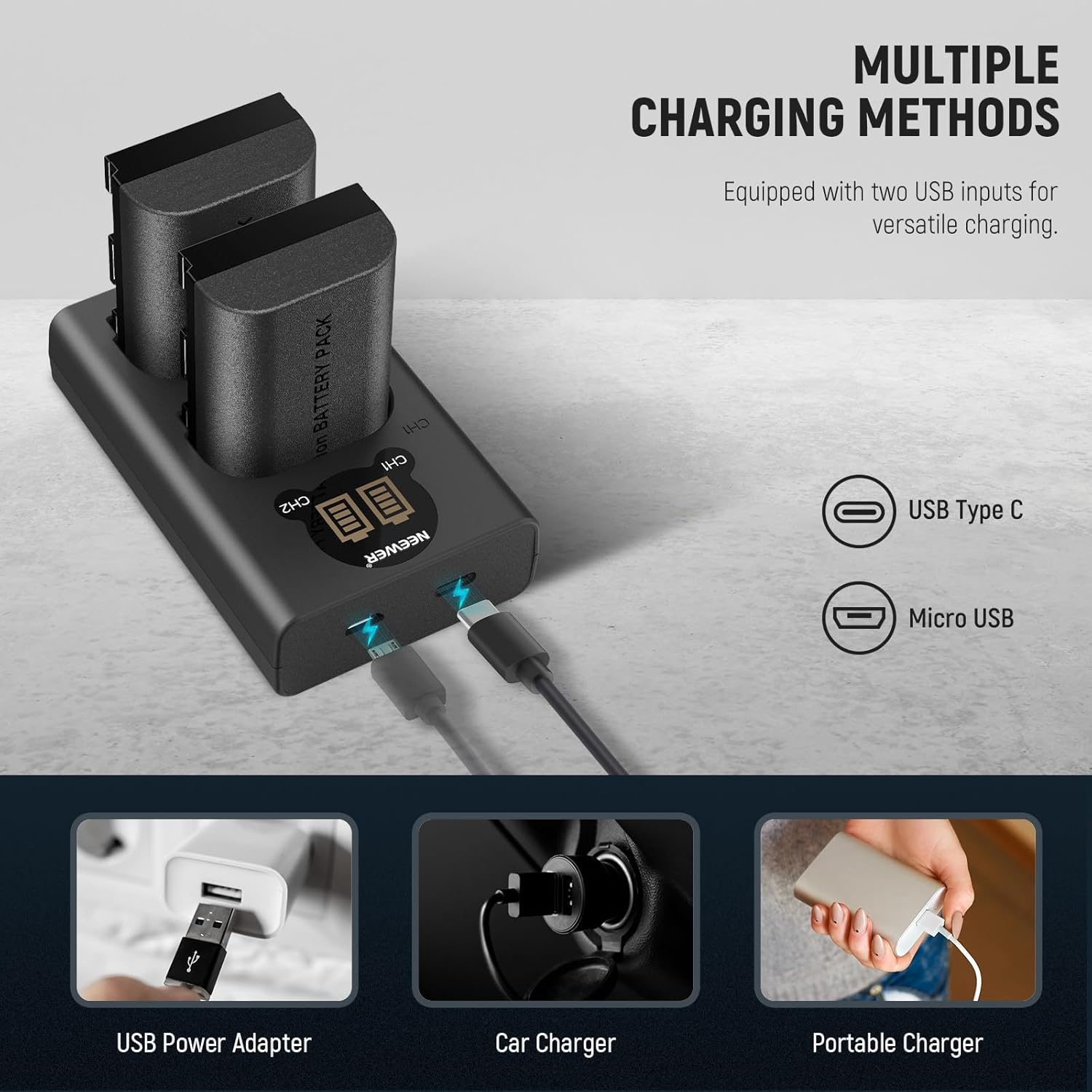 NEEWER Replacement Battery and Charger Set for LP-E6P/LP-E6NH/LP-E6N/LP-E6, 2 Pack 2200mAh Batteries and Vertical USB Dual Charger, Compatible with Canon EOS R5 Mark II R5 R6 R7 R 5DIV 7DII 80D 90D
