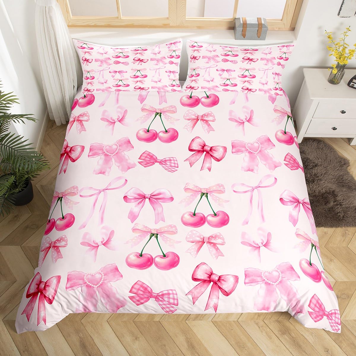 Loussiesd Cherry Bow Duvet Cover Cute Cherry Bedding Set Junior/Cot Bed Size for Kids Boys Girls Cute Bowknot Girly Bow Room 2 Pcs