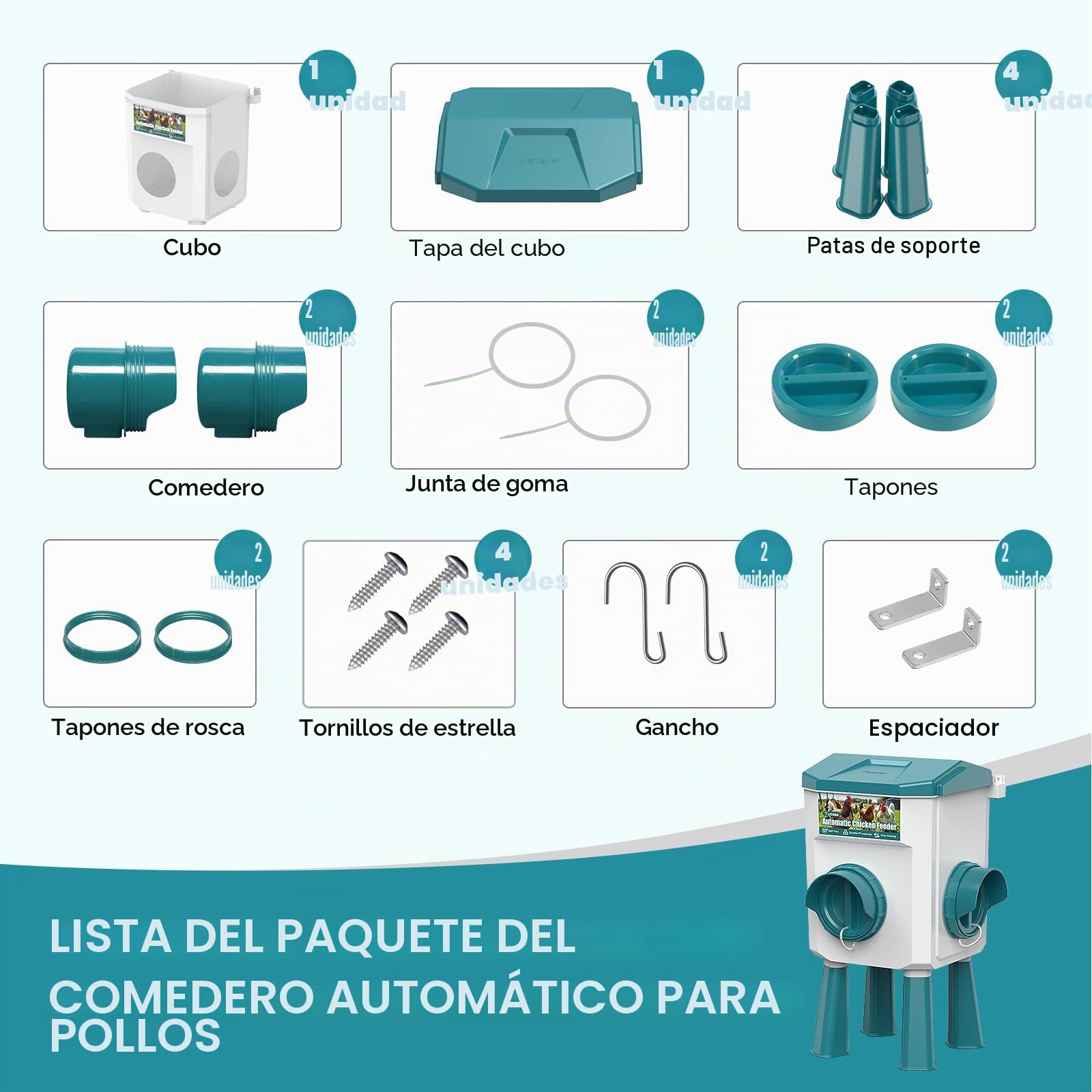 CHAMUTY - Alimentador de gallinas (7 litros, con pies), flotador filtrado, manguera de acero inoxidable de 1,5 m, bebedero dispensador de agua y gallina automática, alimentador de gallinas antidañinas
