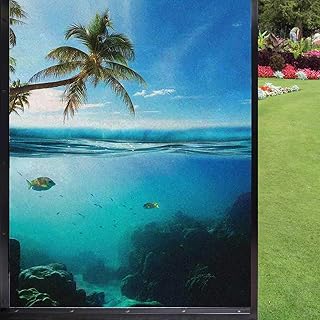 Ocean Window Privacy Film,Tropical Underwater Shot with Surface Coconut Tree and Sky Aqua Water Theme Paradise Frosted Glass Cling for Bathroom Office Living Room,Turquoise, 24x36 inch