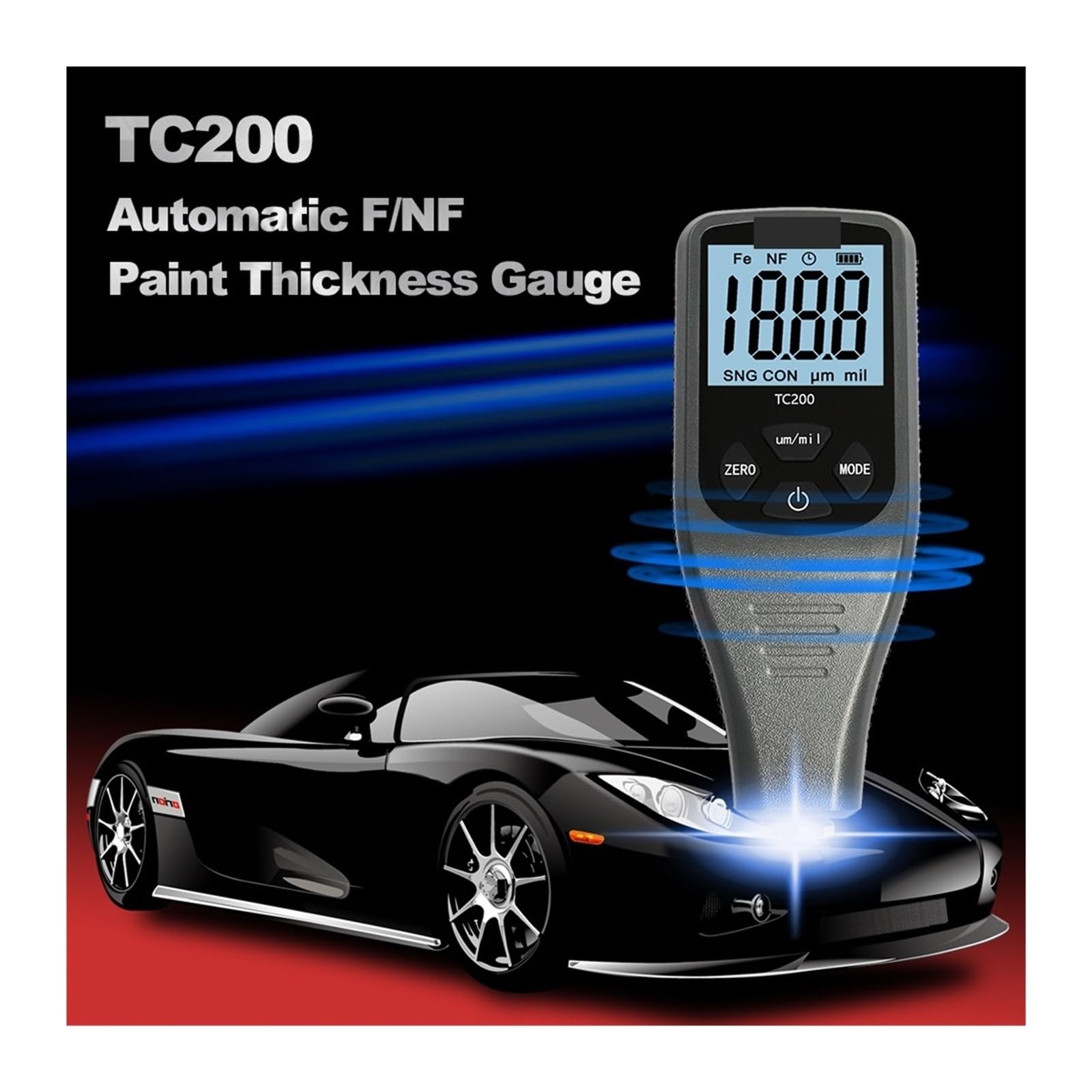 Miernik grubości powłoki lakierniczej TC200 Grey Car Paint Coating Thickness Gauge 0,1um/0-1500 Miernik grubości powłoki lakierniczej Car Paint(Black)