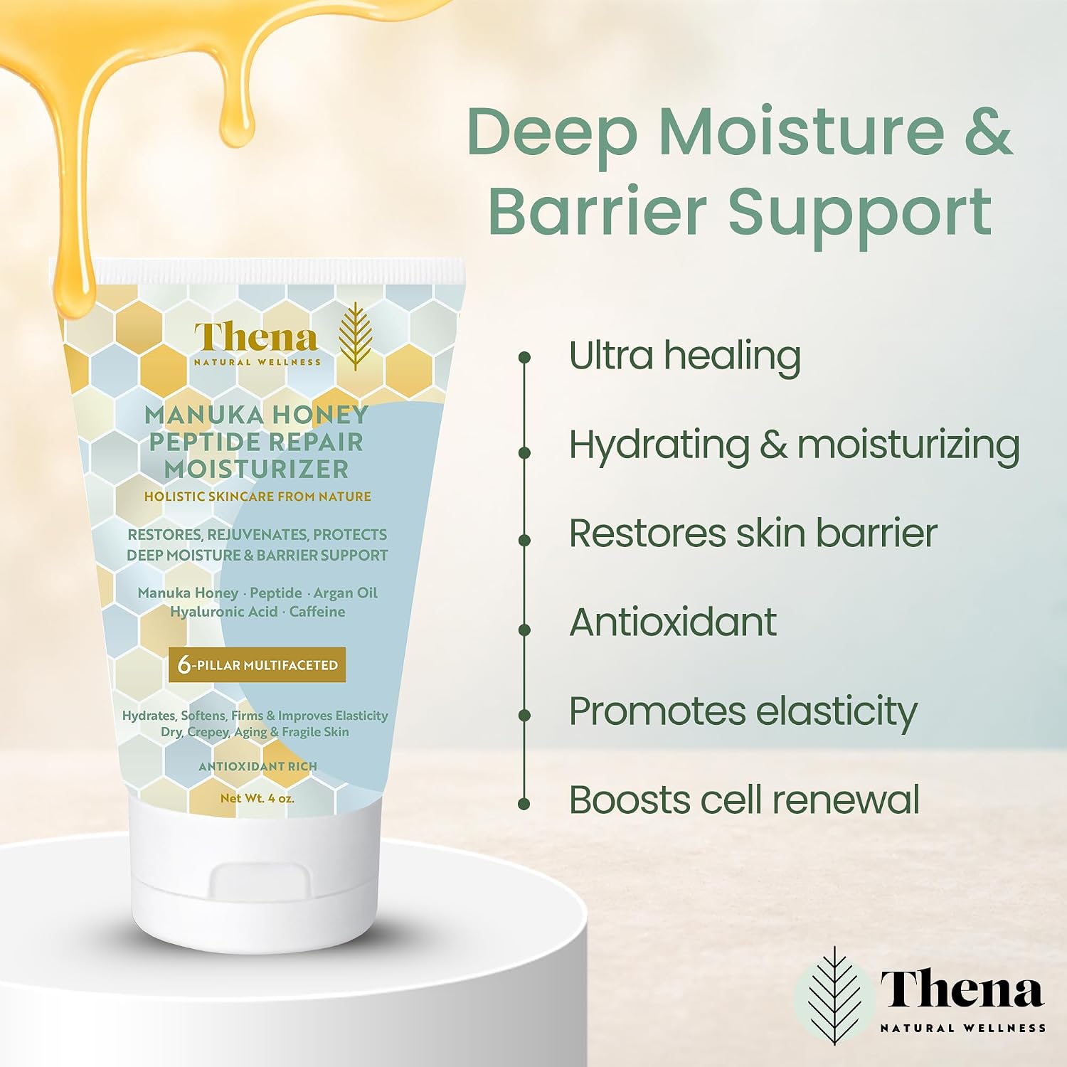 THENA Organic Manuka Honey Peptide Moisturizer, Anti Aging Firming Cream for Face Neck Body, Ultra Hydration Barrier Repair for Dry Crepey & Fragile Skin, Hyaluronic Acid, Argan Oil, Caffeine