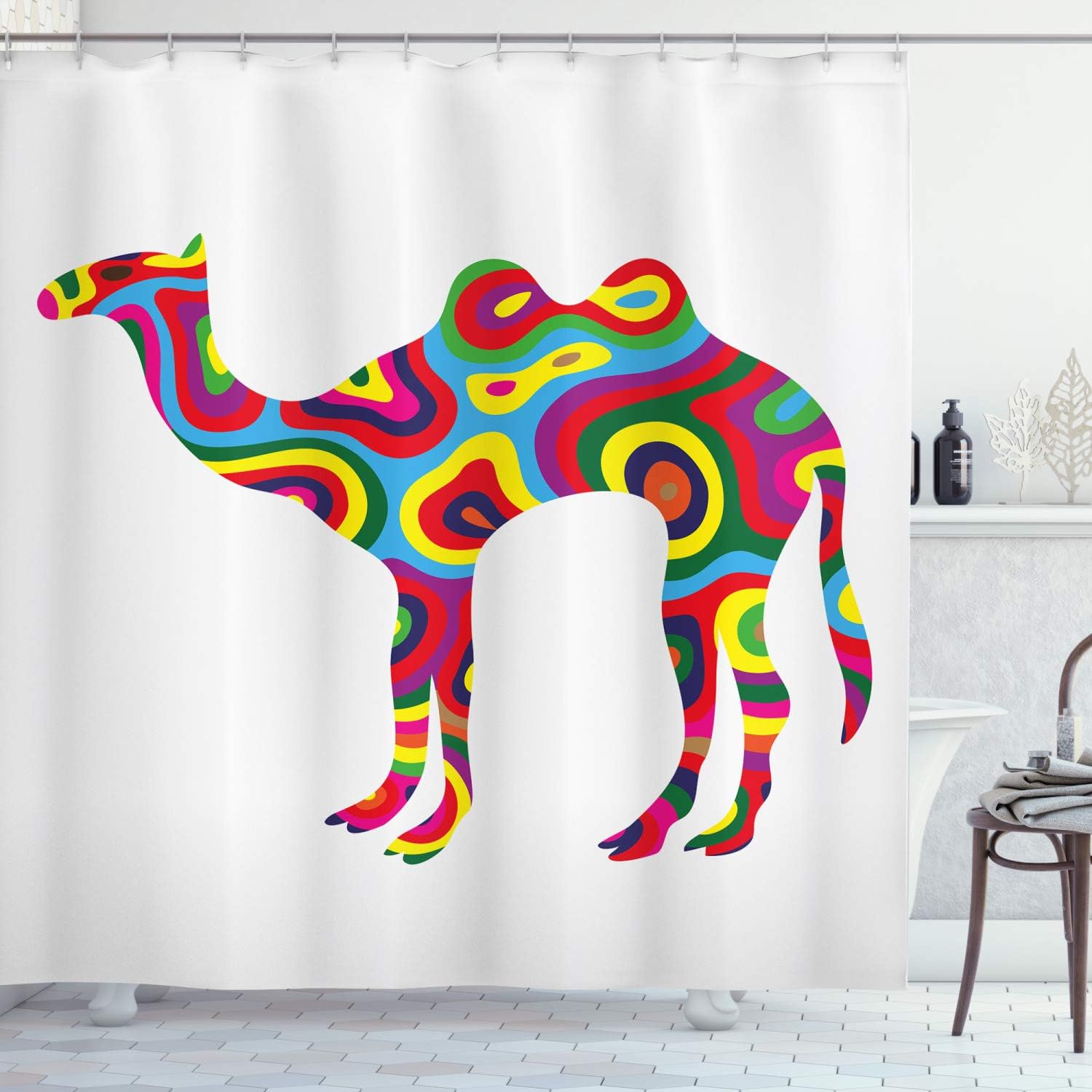 Ambesonne Modern Shower Curtain, Colorful Featured Camel Silhouette Abstract Trippy Shapes and Bands Pop Art Look Animal Illustration, Fabric Bathroom Decor Set with Hooks, 69" W x 70" L, Yellow Blue