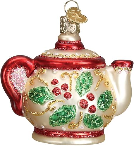 Miniatura 3 de Old World Christmas Adornos Regalos de café y té Adornos soplados de vidrio para árbol de Navidad, tetera de acebo 3 X 3.25 X 2.25