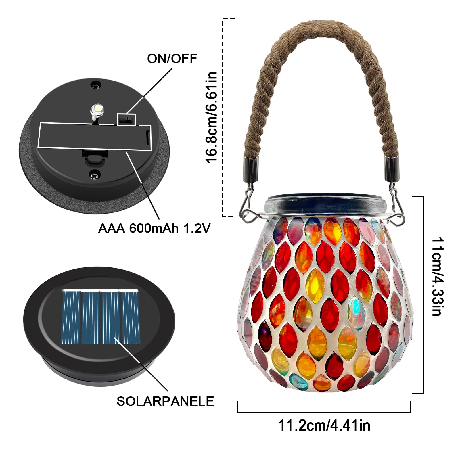 2PCS Solar Mosaik Leuchte Oval für Außen, On/Off Glas Mosaik Hängend Licht Solarlaterne Tischleuchte IP65 Wasserdicht für Rasen Pfad Hof Deck Boden Teich, Rot Mosaik Licht