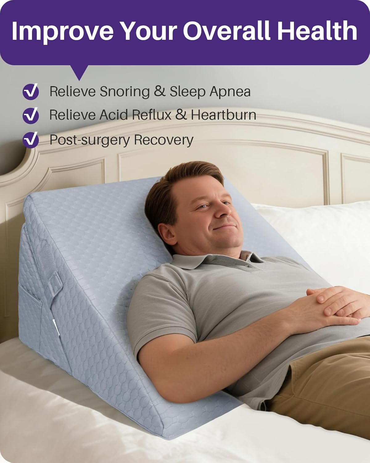 Kekoy Adjustable 9 & 12 Inch Wedge Pillow for Sleeping Apnea, Acid Reflux Relief, Back Pain, Snoring & Post Surgery Recovery, Memory Foam Bed Wedge Pillow with Removable Washable Cover & Handle-Grey