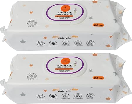 Aurora Pet Wipes 100% Natural, Plant-Based Hypoallergenic Grooming Wipes for Dogs & Cats Extra-Durable, Large & Thick for Effortless Cleaning Lavender, 200 Count