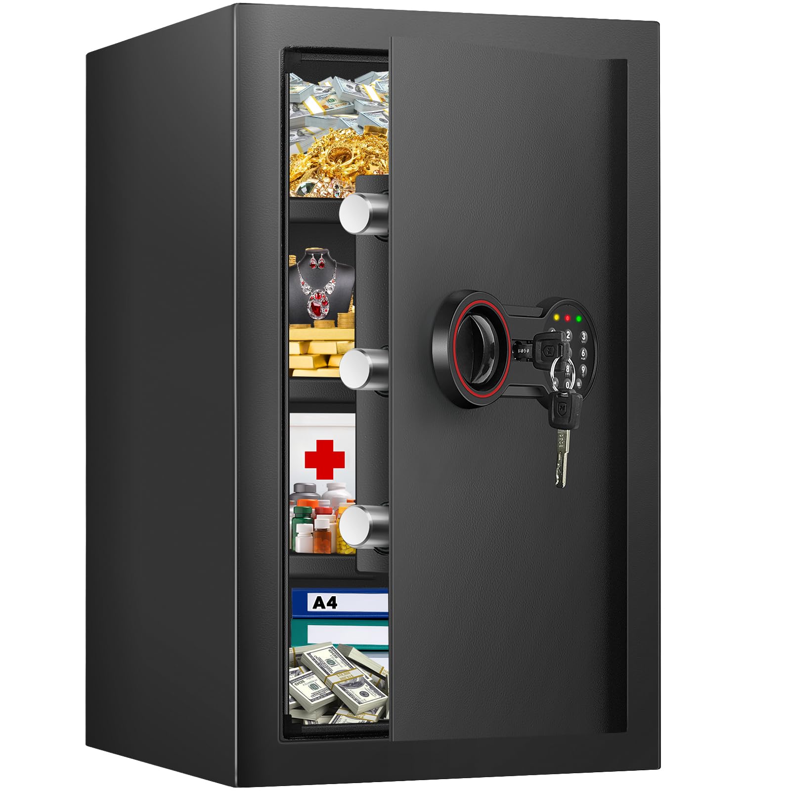 4.3 Cub Large Fireproof Safes for Home, Digital Home Safe Fireproof Waterproof with Electronic Keypad, Spare Keys and Removable Shelf, Anti-theft Fire Safe Box for Money Firearm Valuables